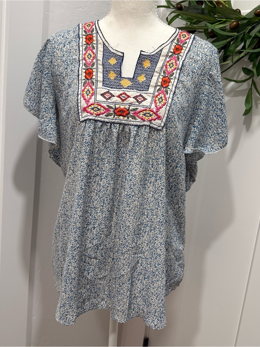 Blue Blouse with Embroidered Accents